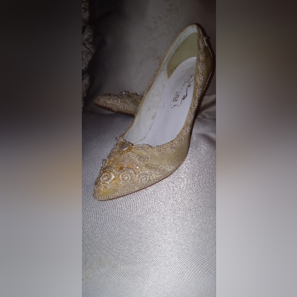 Antique Hand made satin and pearl wedding heels